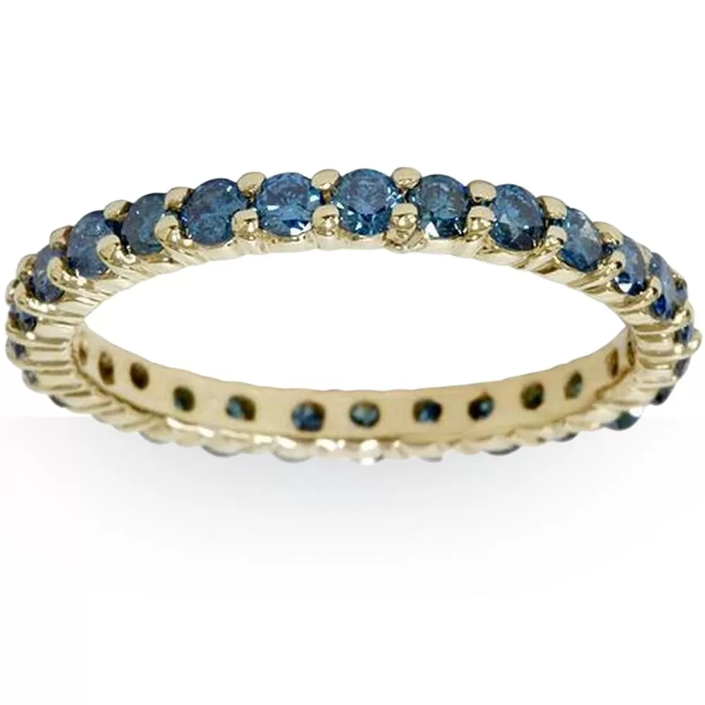 1 1/2ct Round Treated Blue Genuine Diamond Eternity Wedding Ring 14K Yellow Gold