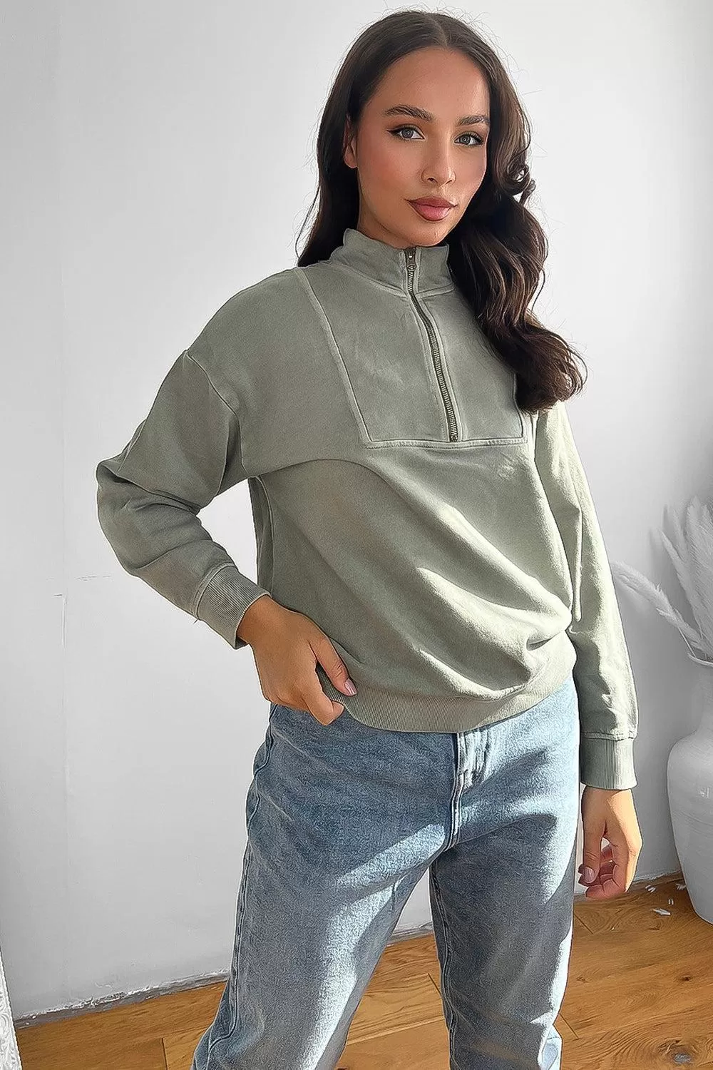 100% Cotton High Neck Zip Sweatshirt