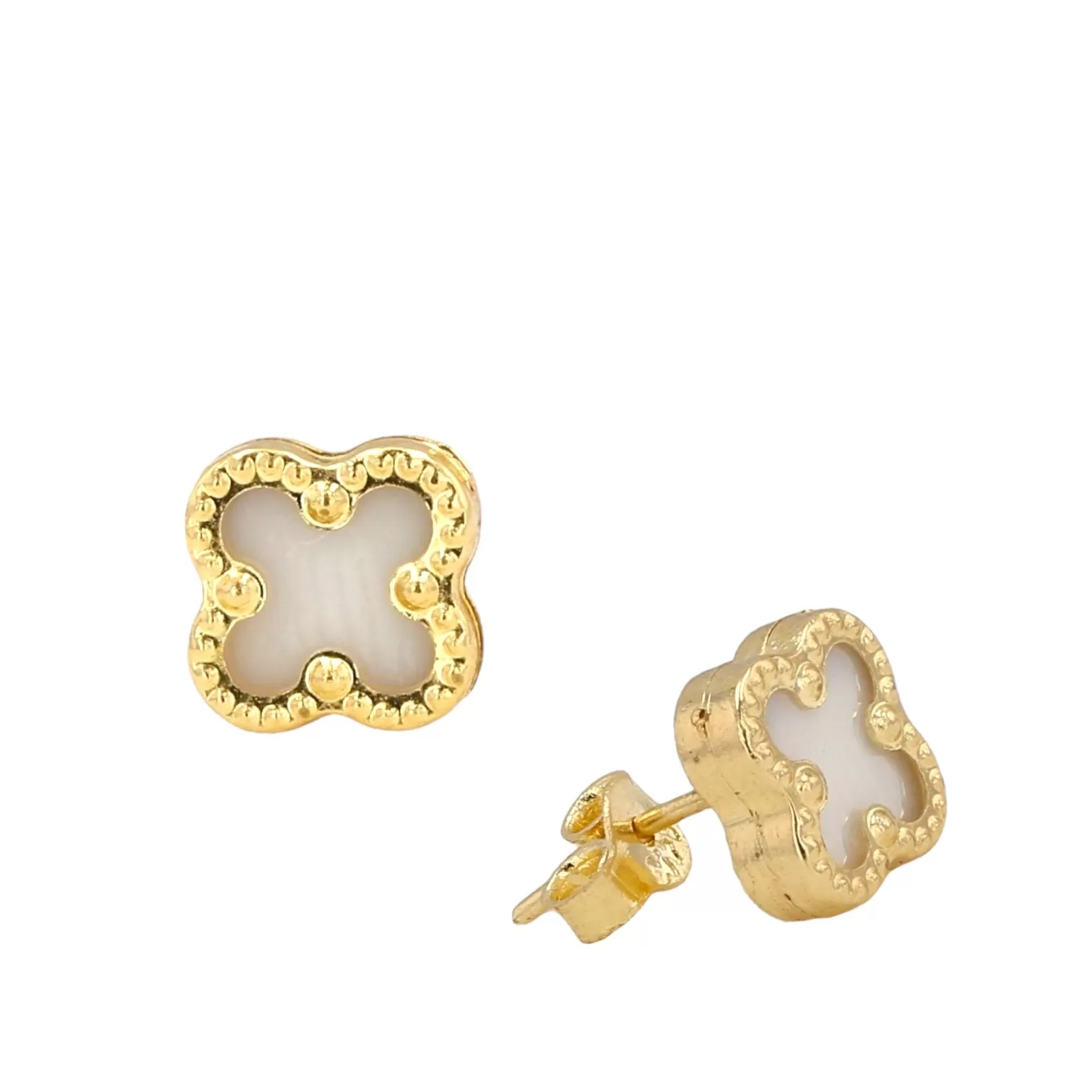 14K Yellow gold mother pearl clover studs earrings-52828