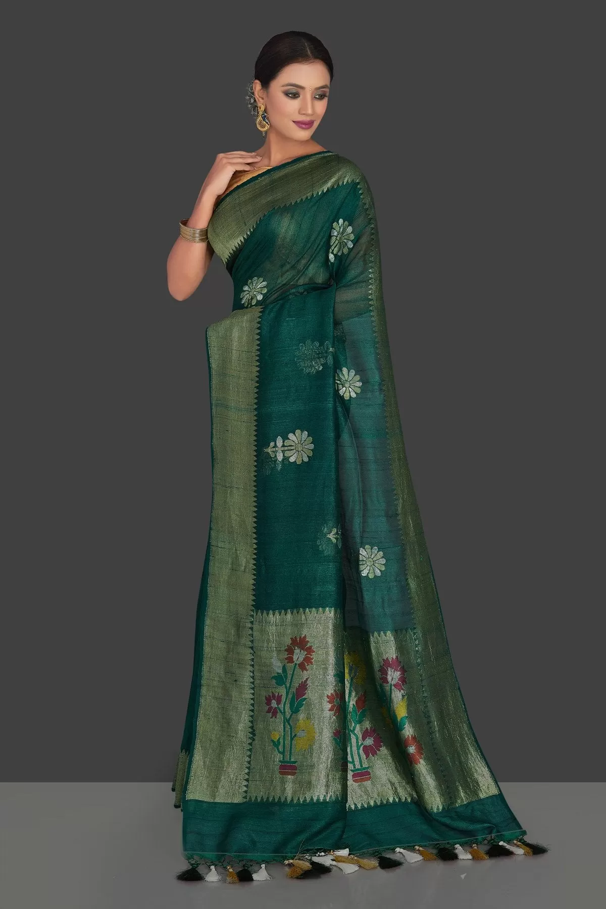 90J940-RO Dark Green Tassar Georgette Banarsi Sari with Flower Buta