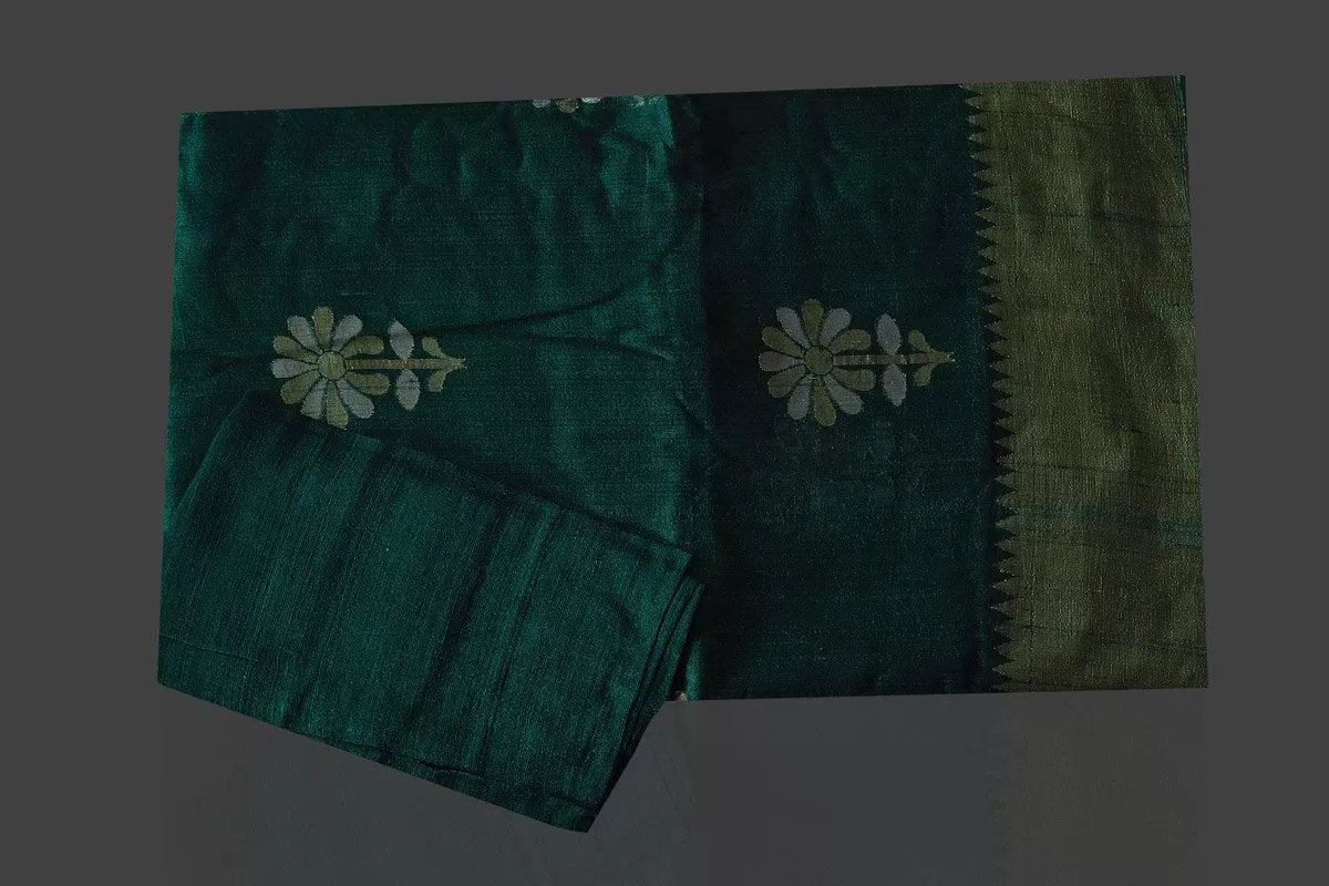 90J940-RO Dark Green Tassar Georgette Banarsi Sari with Flower Buta