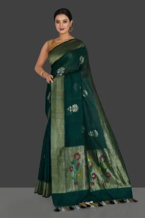 90J940-RO Dark Green Tassar Georgette Banarsi Sari with Flower Buta