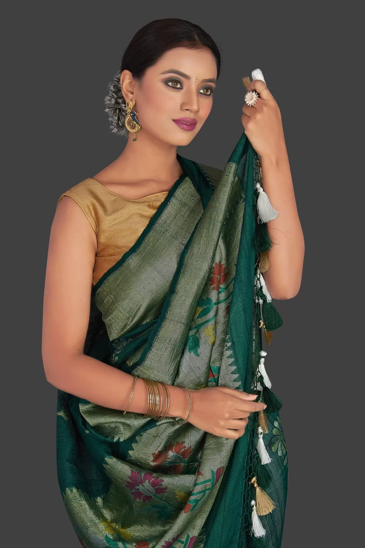 90J940-RO Dark Green Tassar Georgette Banarsi Sari with Flower Buta