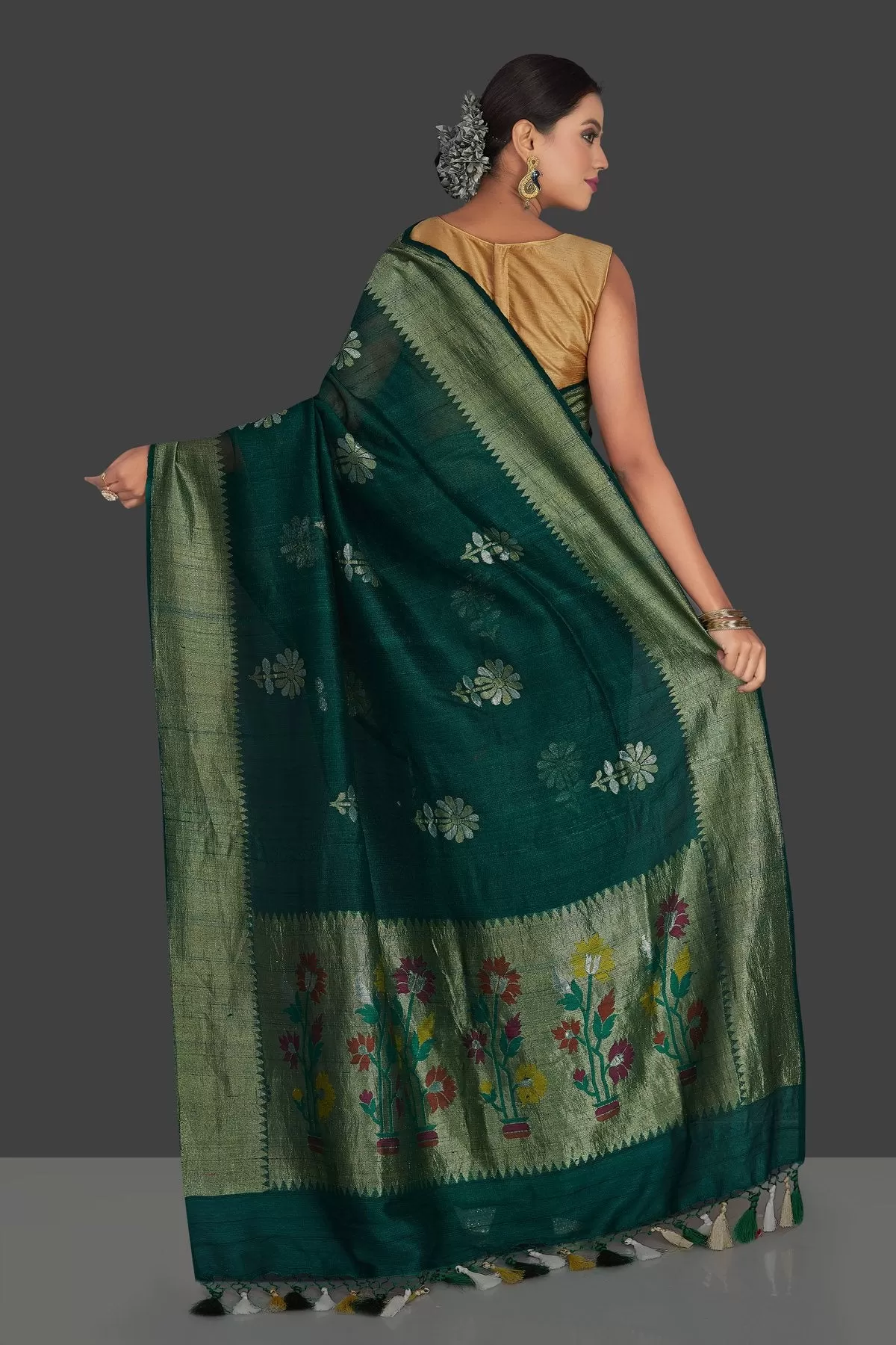 90J940-RO Dark Green Tassar Georgette Banarsi Sari with Flower Buta