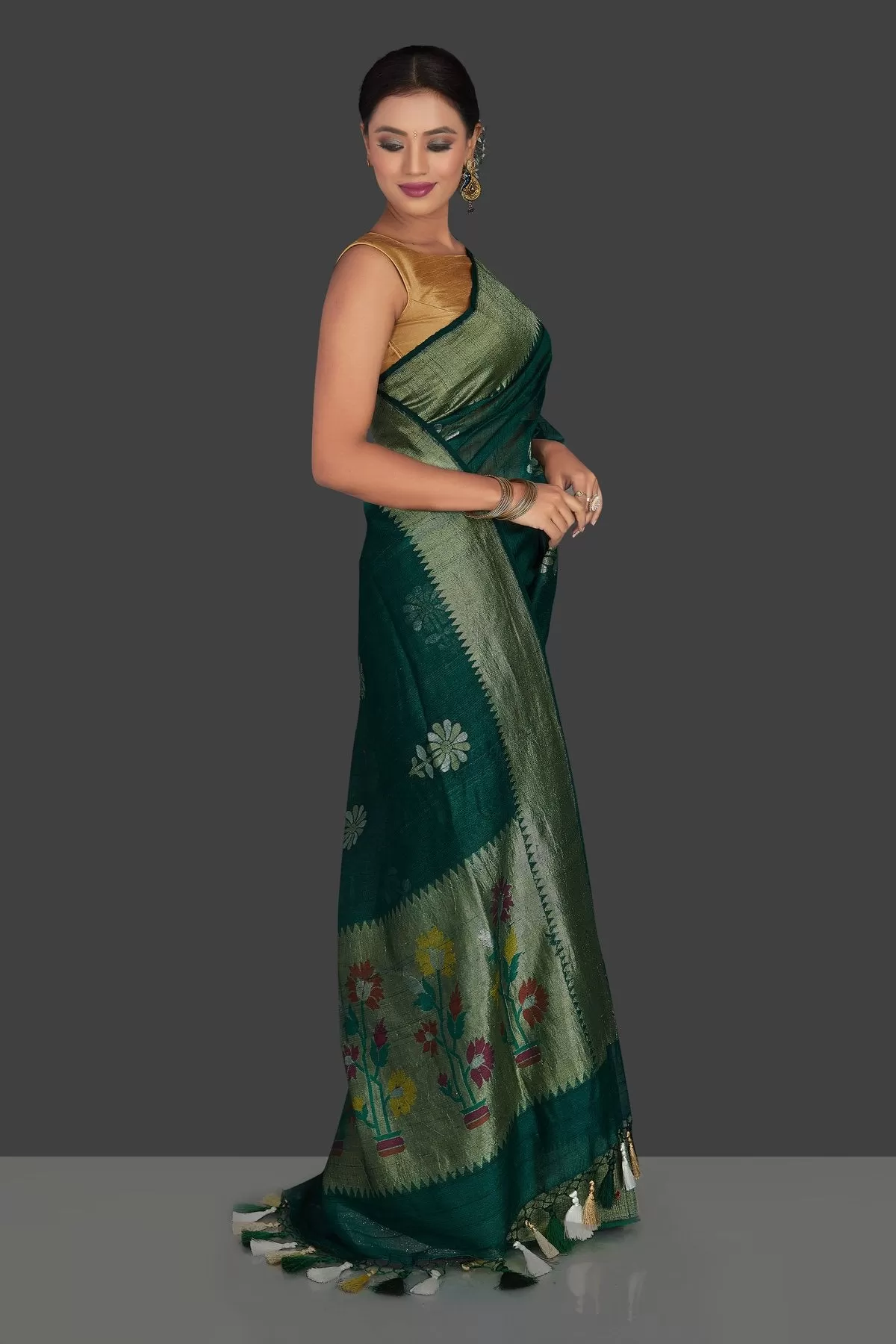 90J940-RO Dark Green Tassar Georgette Banarsi Sari with Flower Buta