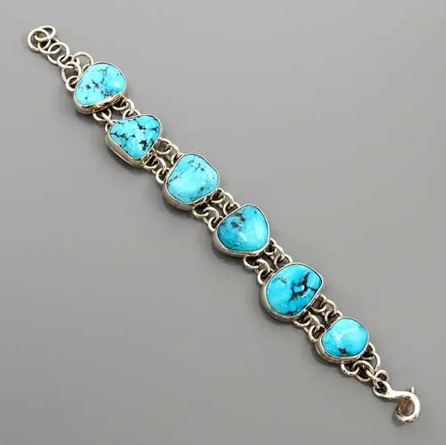 Adjustable Handmade Sterling Silver Genuine Turquoise Link Bracelet