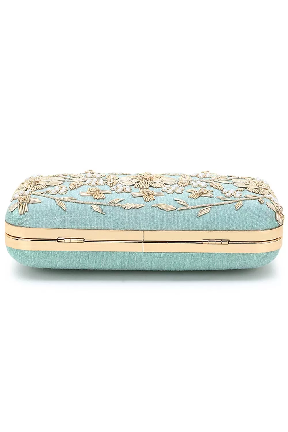 Adorn Pastel Green & Gold Faux Silk Floral Embroidered Clutch