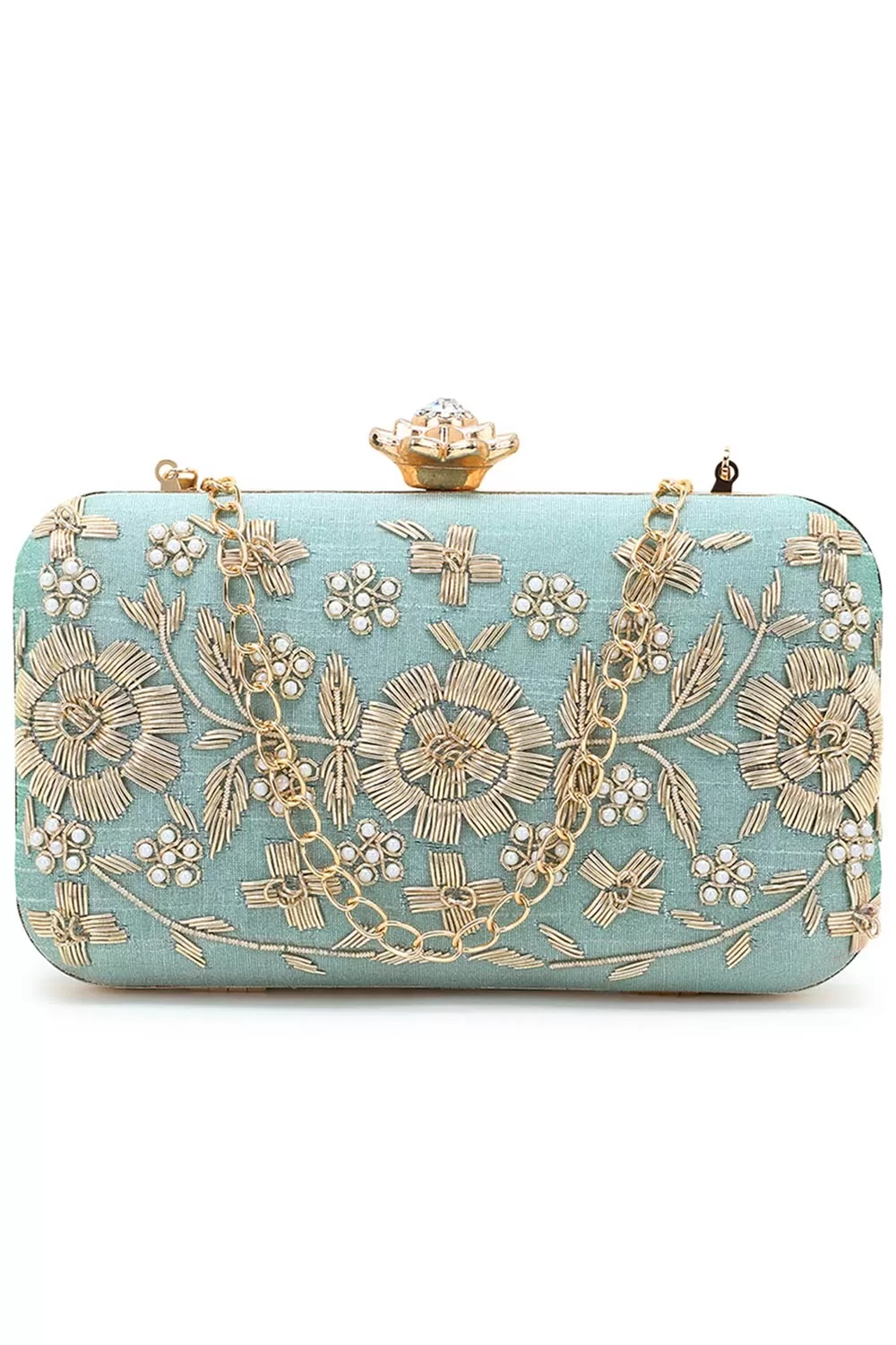 Adorn Pastel Green & Gold Faux Silk Floral Embroidered Clutch