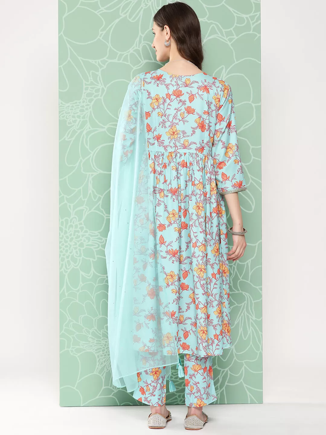 Aqua Blue Moss Digital Floral Printed Kurta with Pant and Dupatta