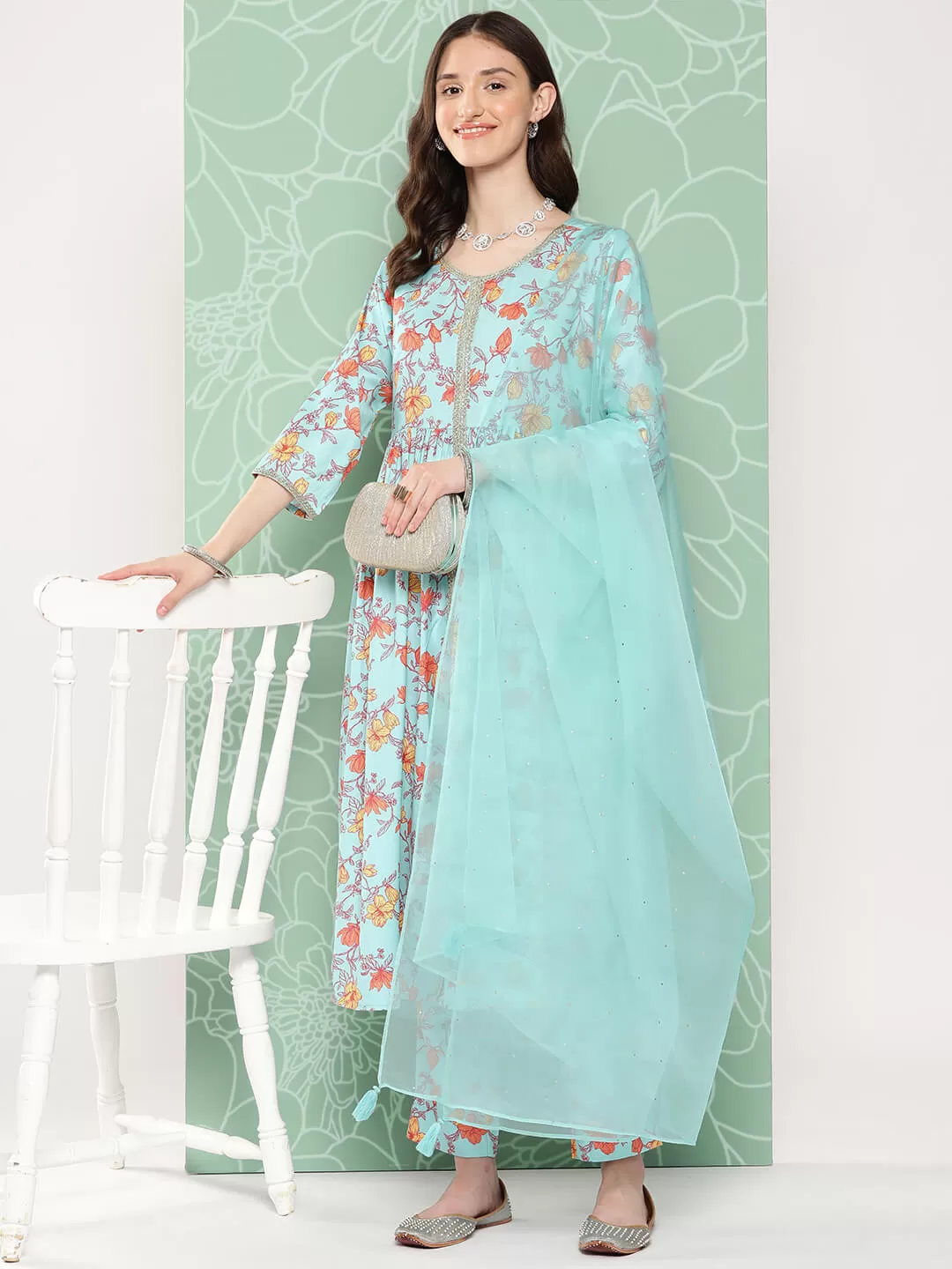 Aqua Blue Moss Digital Floral Printed Kurta with Pant and Dupatta