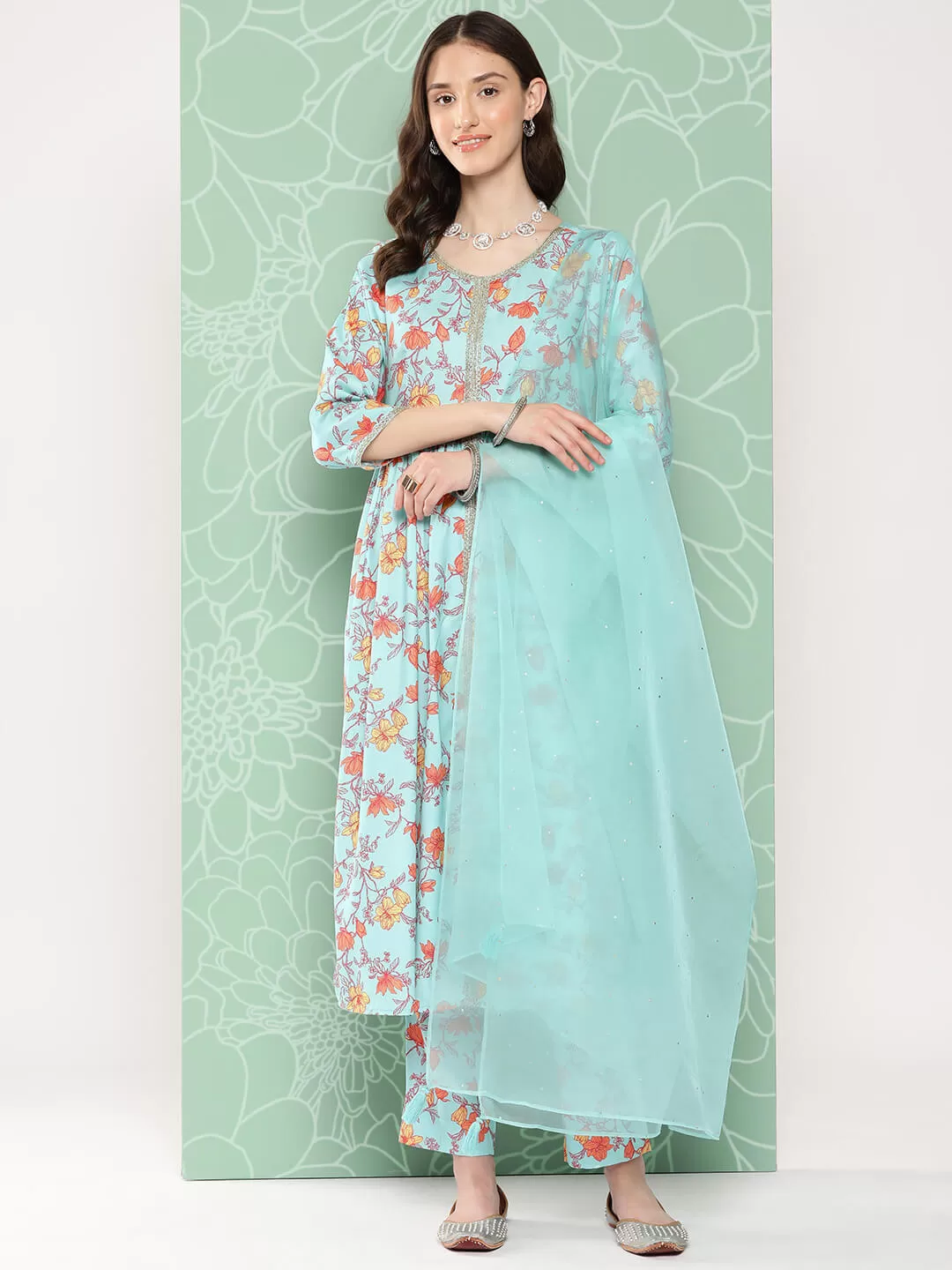 Aqua Blue Moss Digital Floral Printed Kurta with Pant and Dupatta