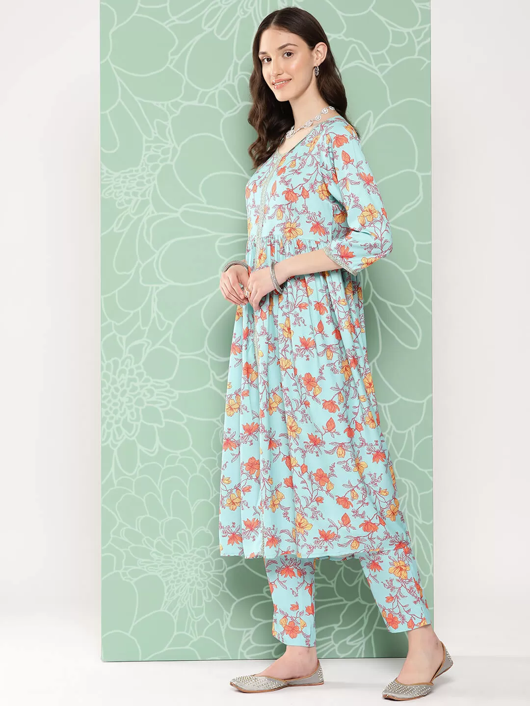 Aqua Blue Moss Digital Floral Printed Kurta with Pant and Dupatta