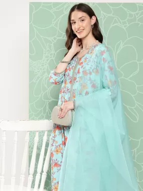 Aqua Blue Moss Digital Floral Printed Kurta with Pant and Dupatta