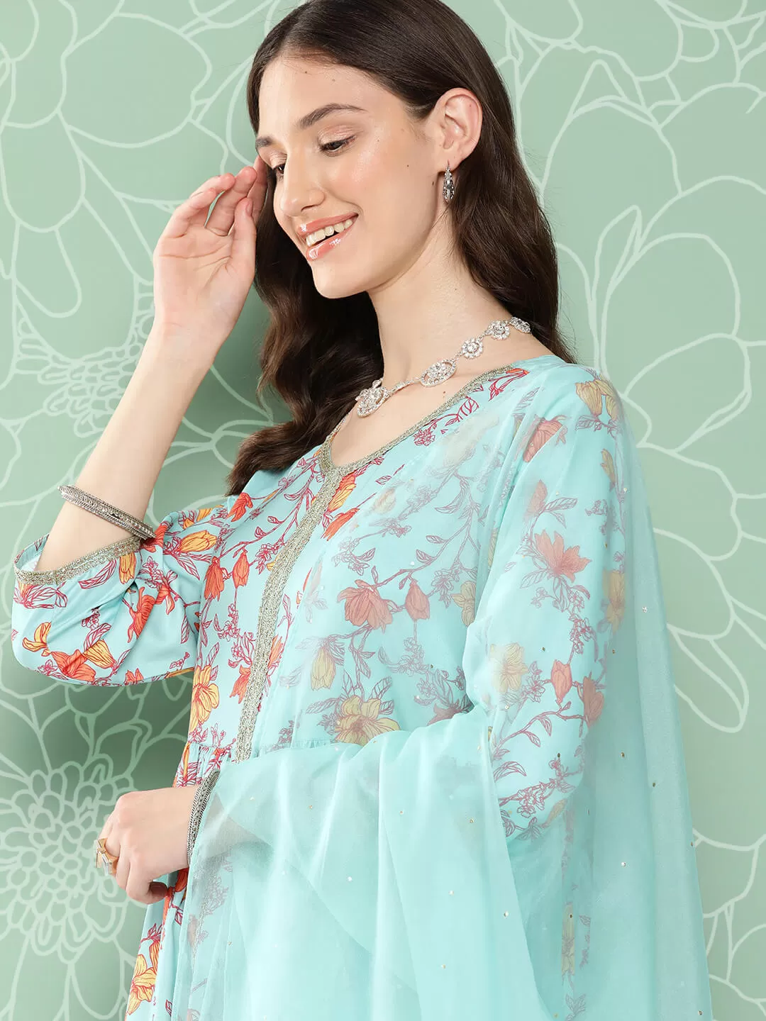 Aqua Blue Moss Digital Floral Printed Kurta with Pant and Dupatta