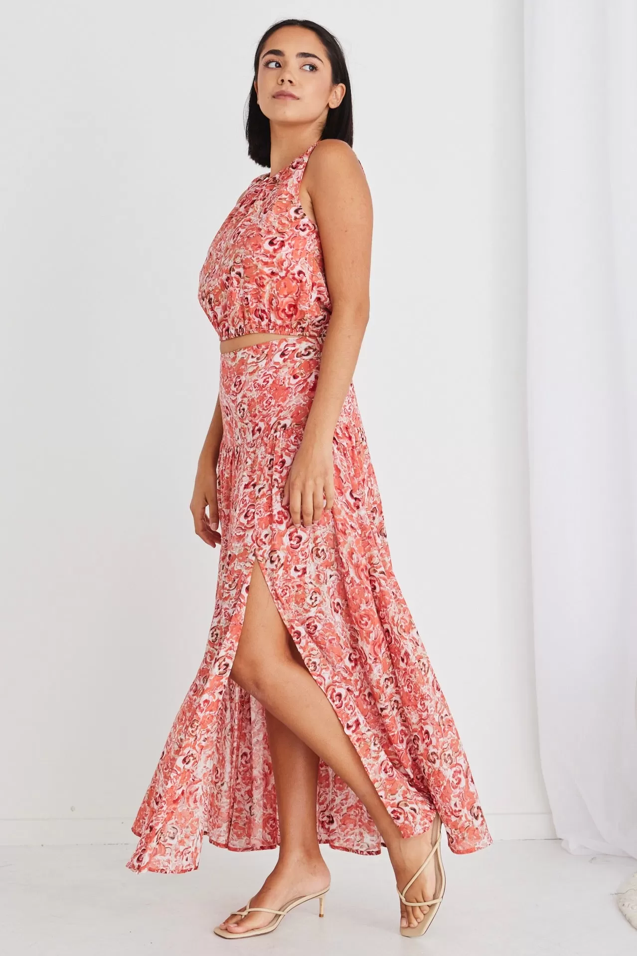 Aquarius Cinnamon Floral Tiered Split Front Maxi Skirt