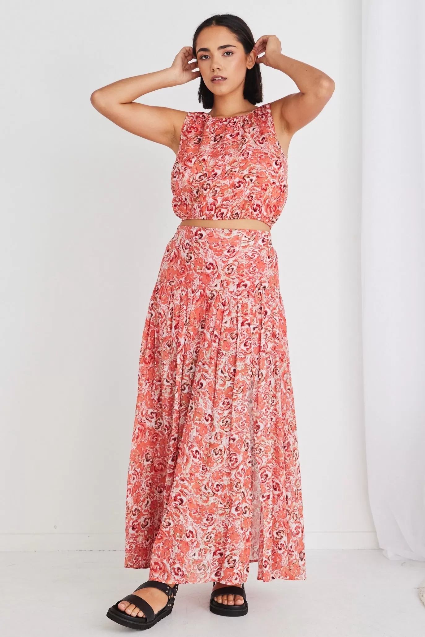 Aquarius Cinnamon Floral Tiered Split Front Maxi Skirt