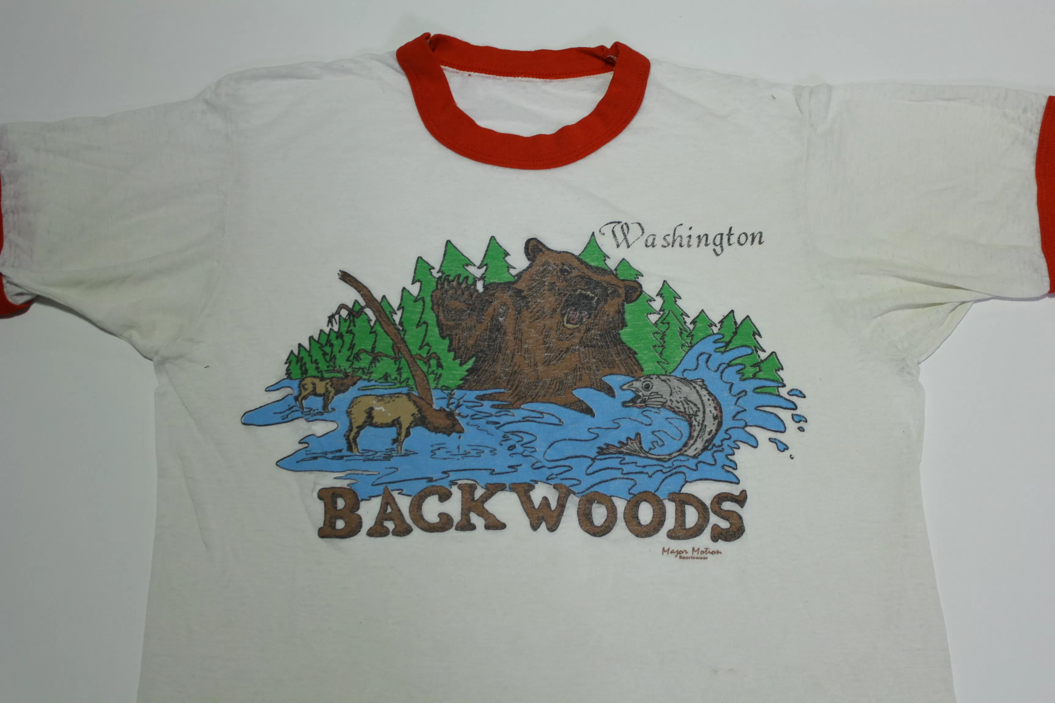 Backwoods Washington Paper Thin Bear Moose Salmon Vintage 80's Ringer T-Shirt