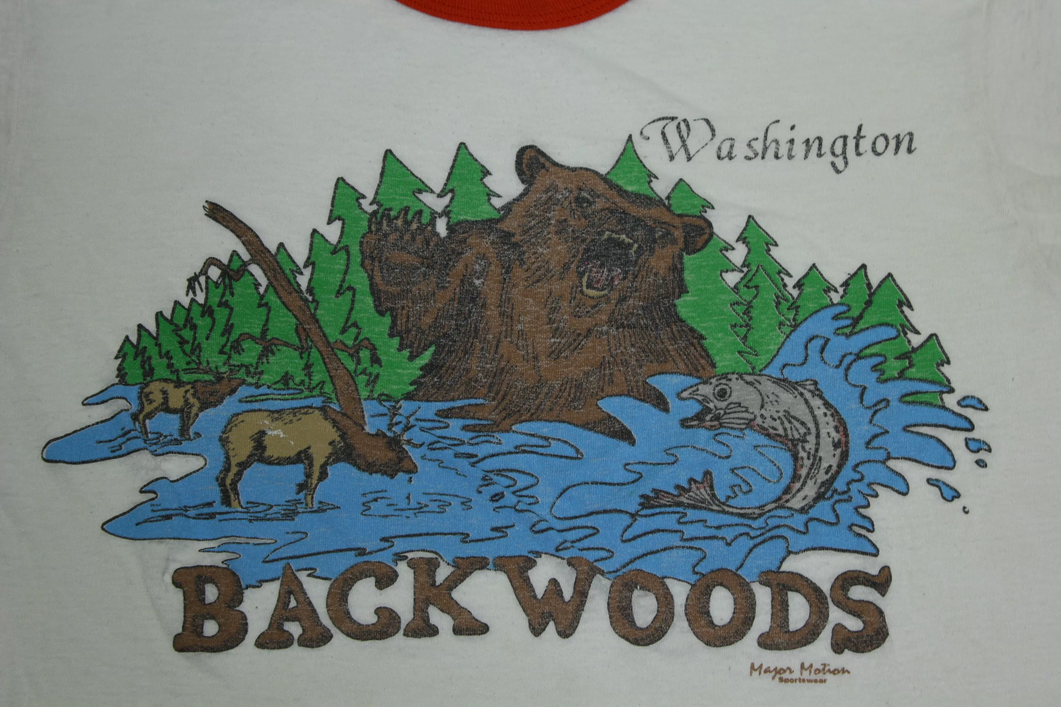 Backwoods Washington Paper Thin Bear Moose Salmon Vintage 80's Ringer T-Shirt