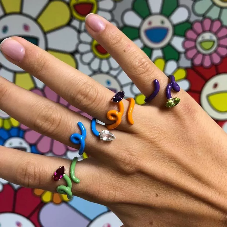 Bea Bongiasca - Baby Vine Tendril Ring with Garnet and Cherry Chocolate Enamel, Yellow Gold and Silver