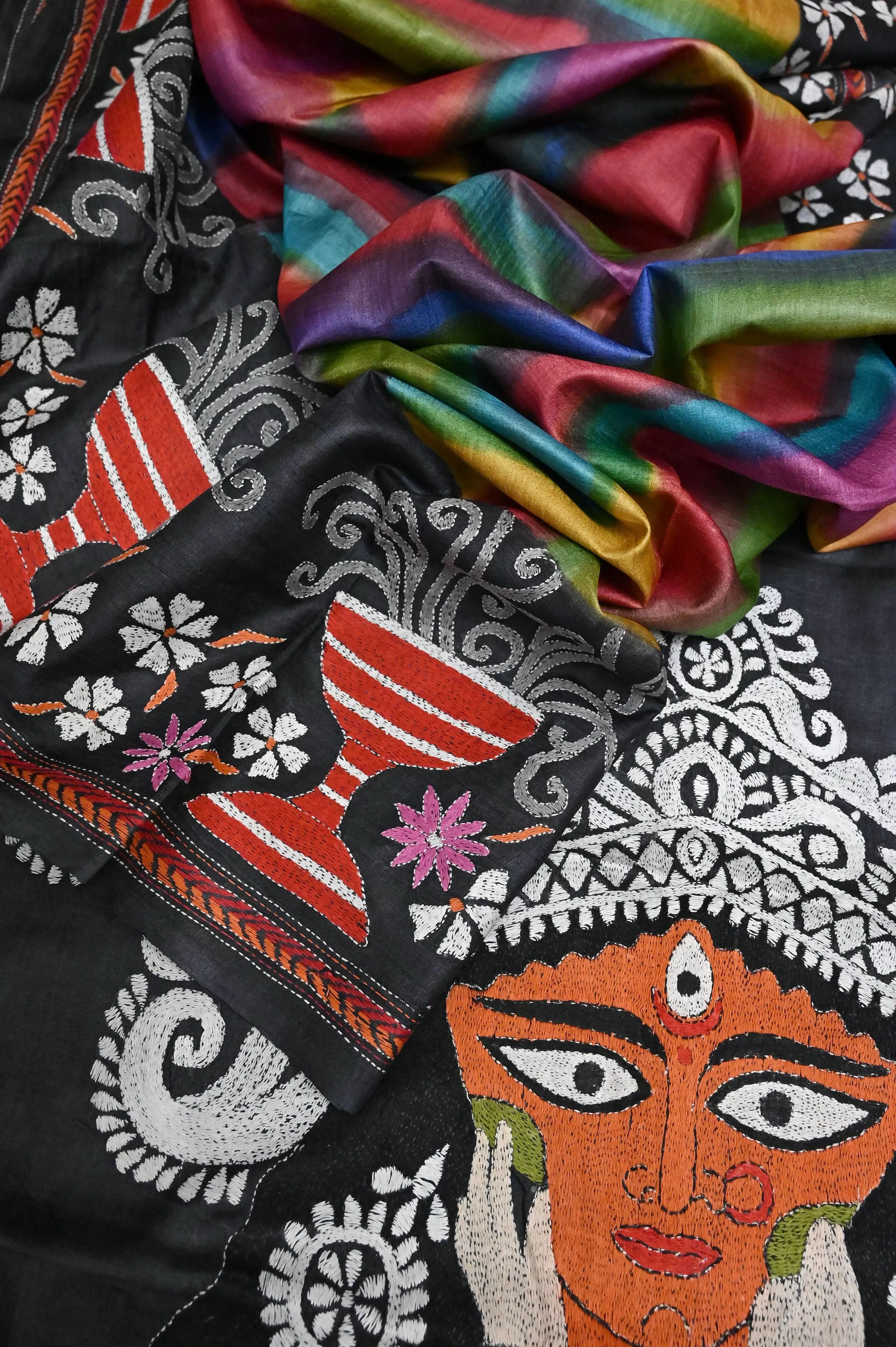 Black and Multicolor Pure Gachi Tussar with Brush Paint and Kantha Stitch Work and Durga Aanchal