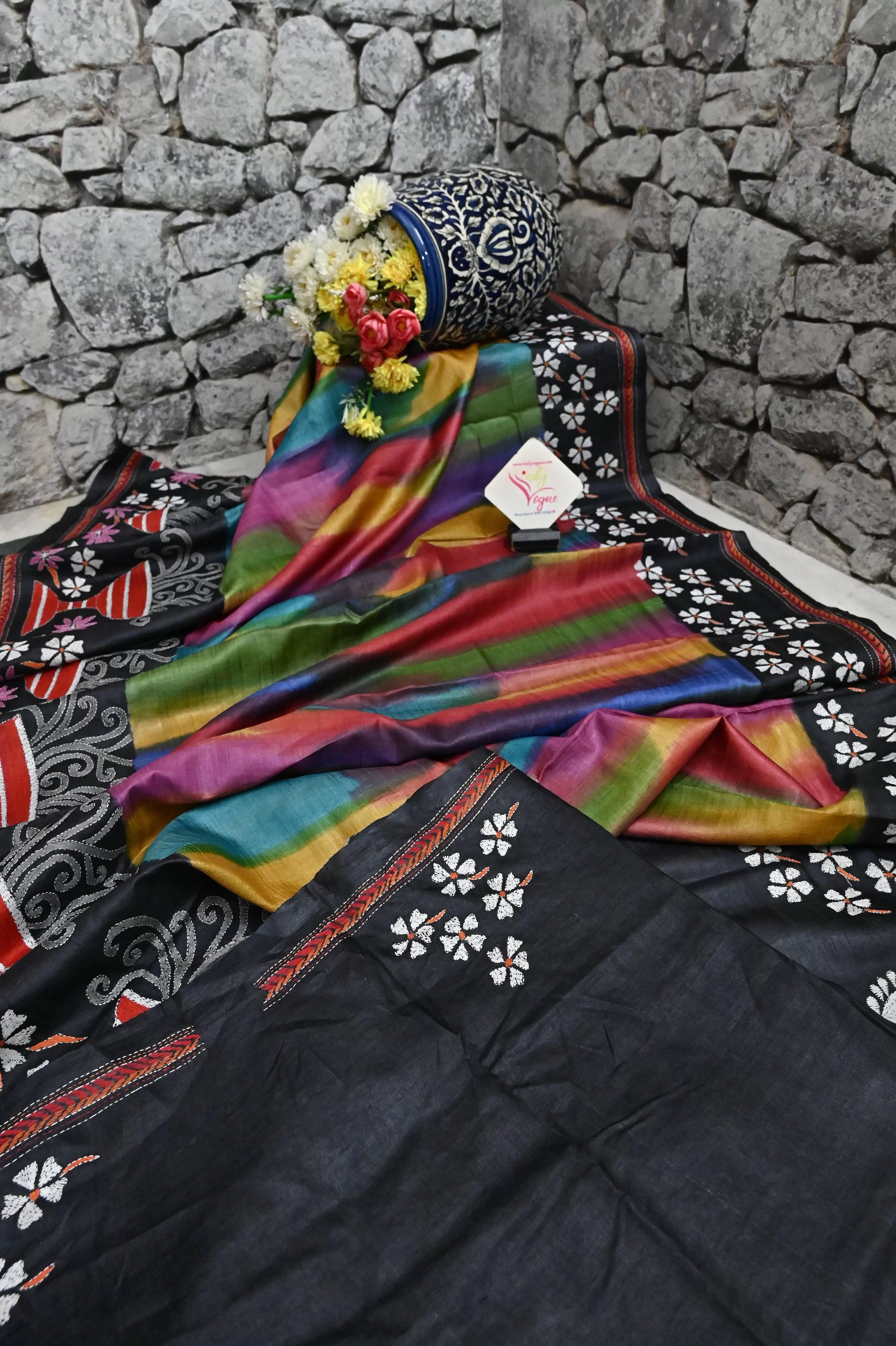 Black and Multicolor Pure Gachi Tussar with Brush Paint and Kantha Stitch Work and Durga Aanchal