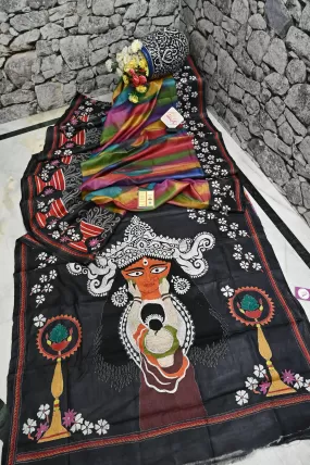 Black and Multicolor Pure Gachi Tussar with Brush Paint and Kantha Stitch Work and Durga Aanchal