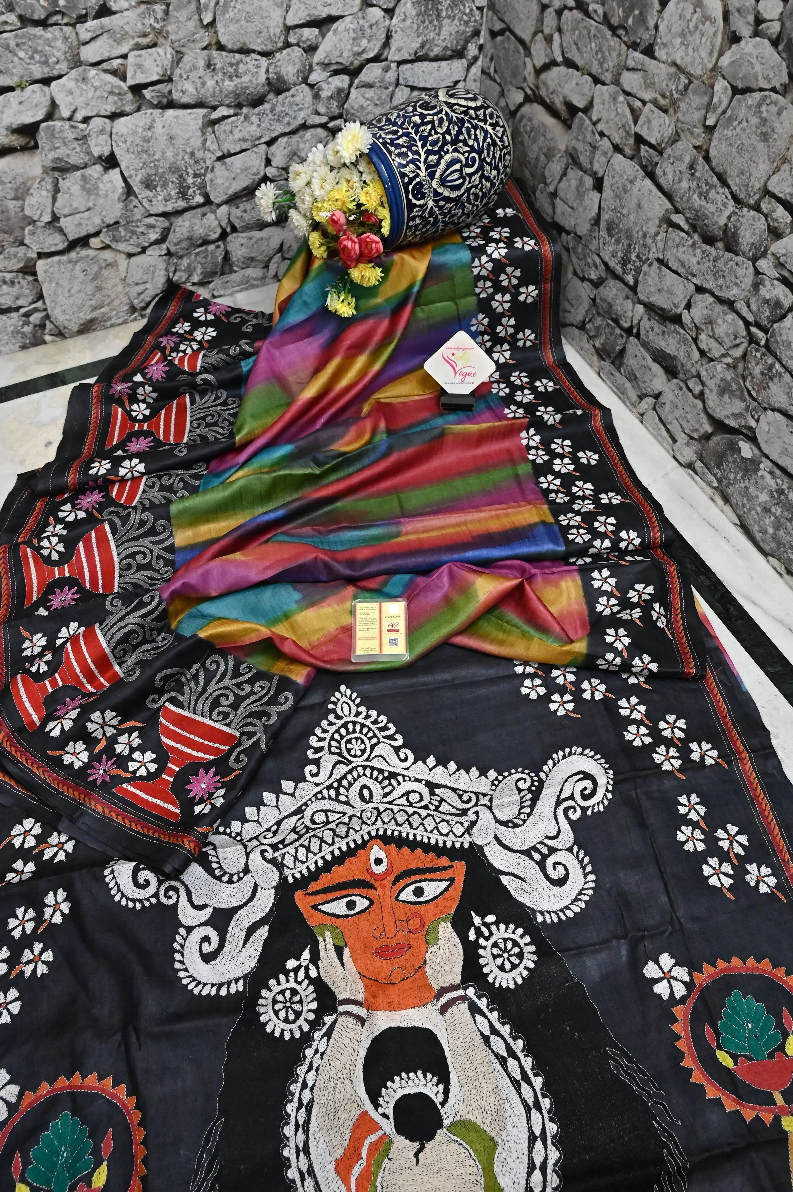 Black and Multicolor Pure Gachi Tussar with Brush Paint and Kantha Stitch Work and Durga Aanchal