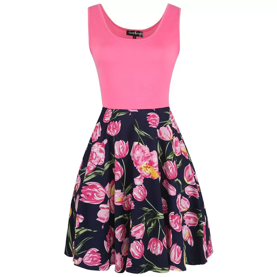 Blocked Floral Scoop Tank Dress