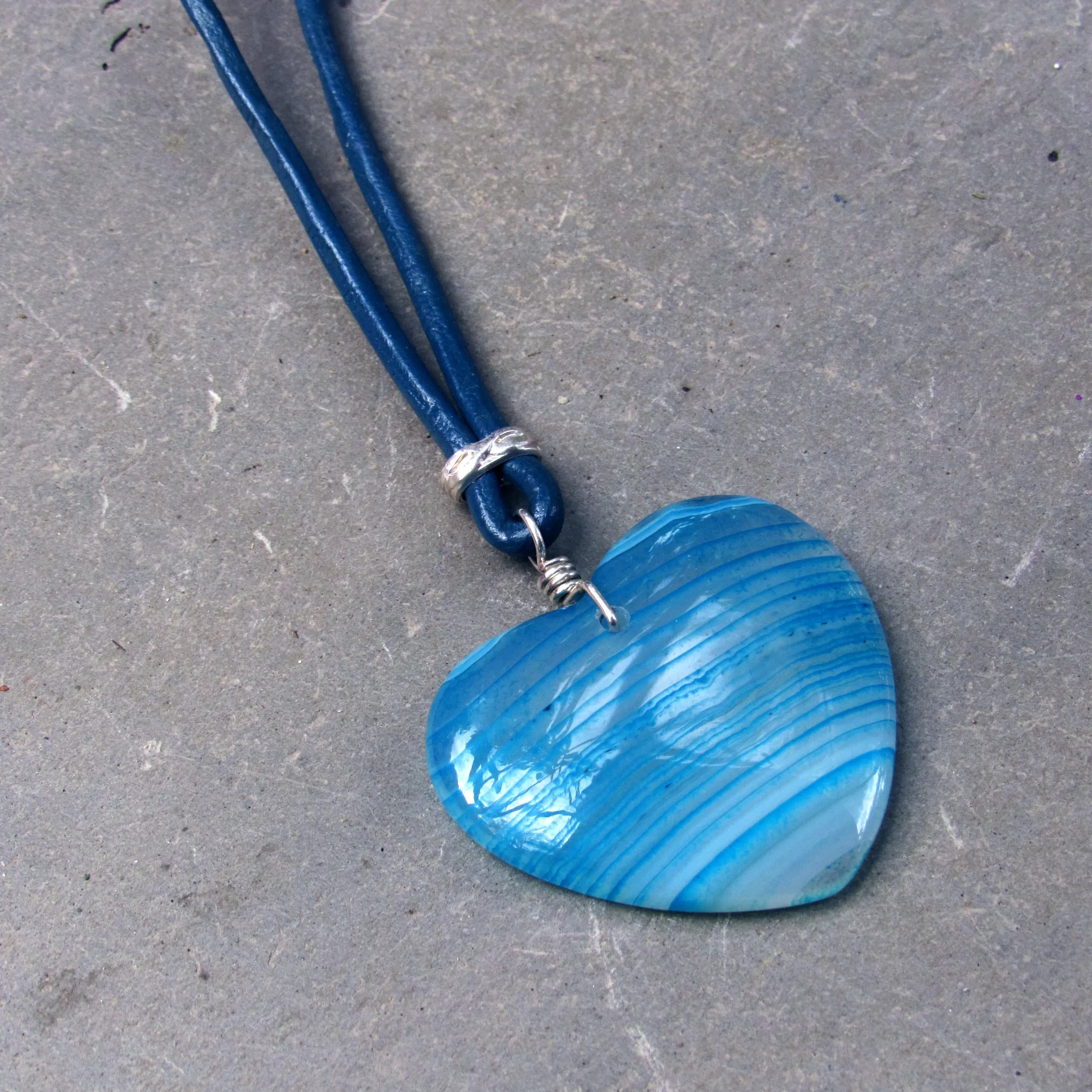 Blue Onyx Agate Gemstone on Leather with Sterling Silver Accents, Clasp and Chain