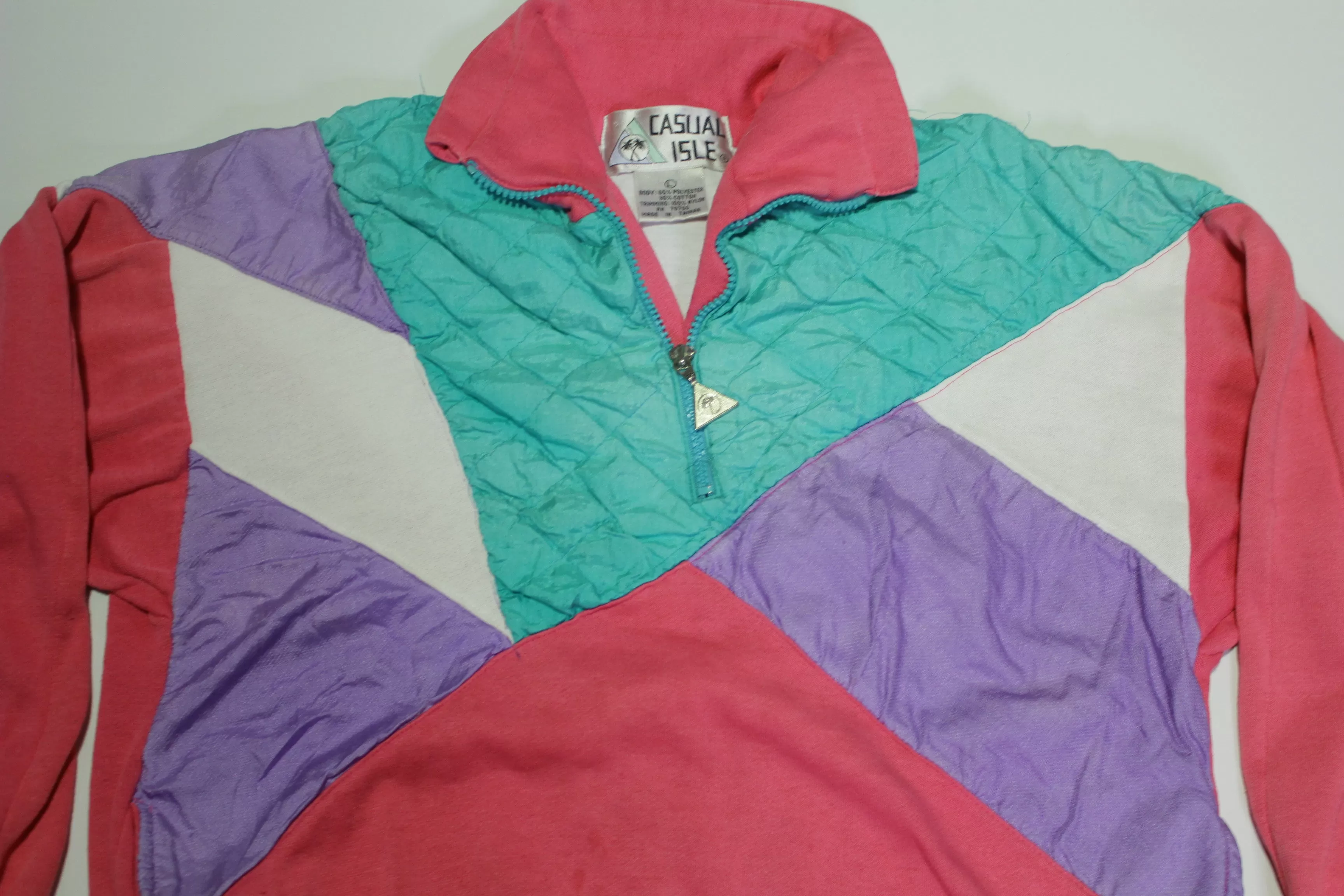 Casual Isle Vintage 80's Colorful Pastel Block Quarter Zip Pullover Sweatshirt