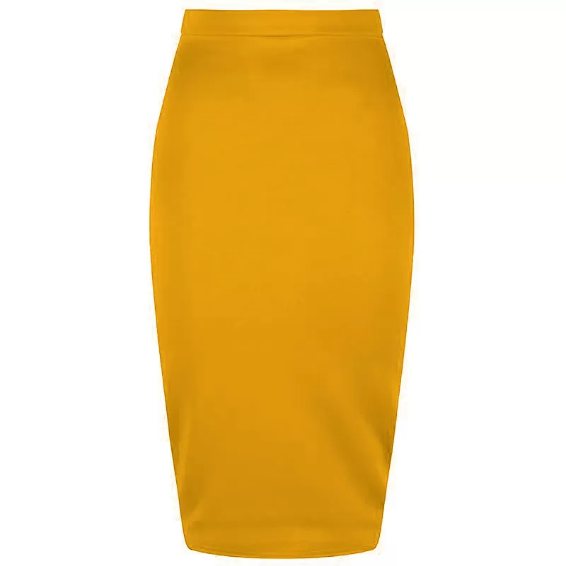 Classic Stretch Honey Yellow Pencil Bodycon Midi Office Work Skirt