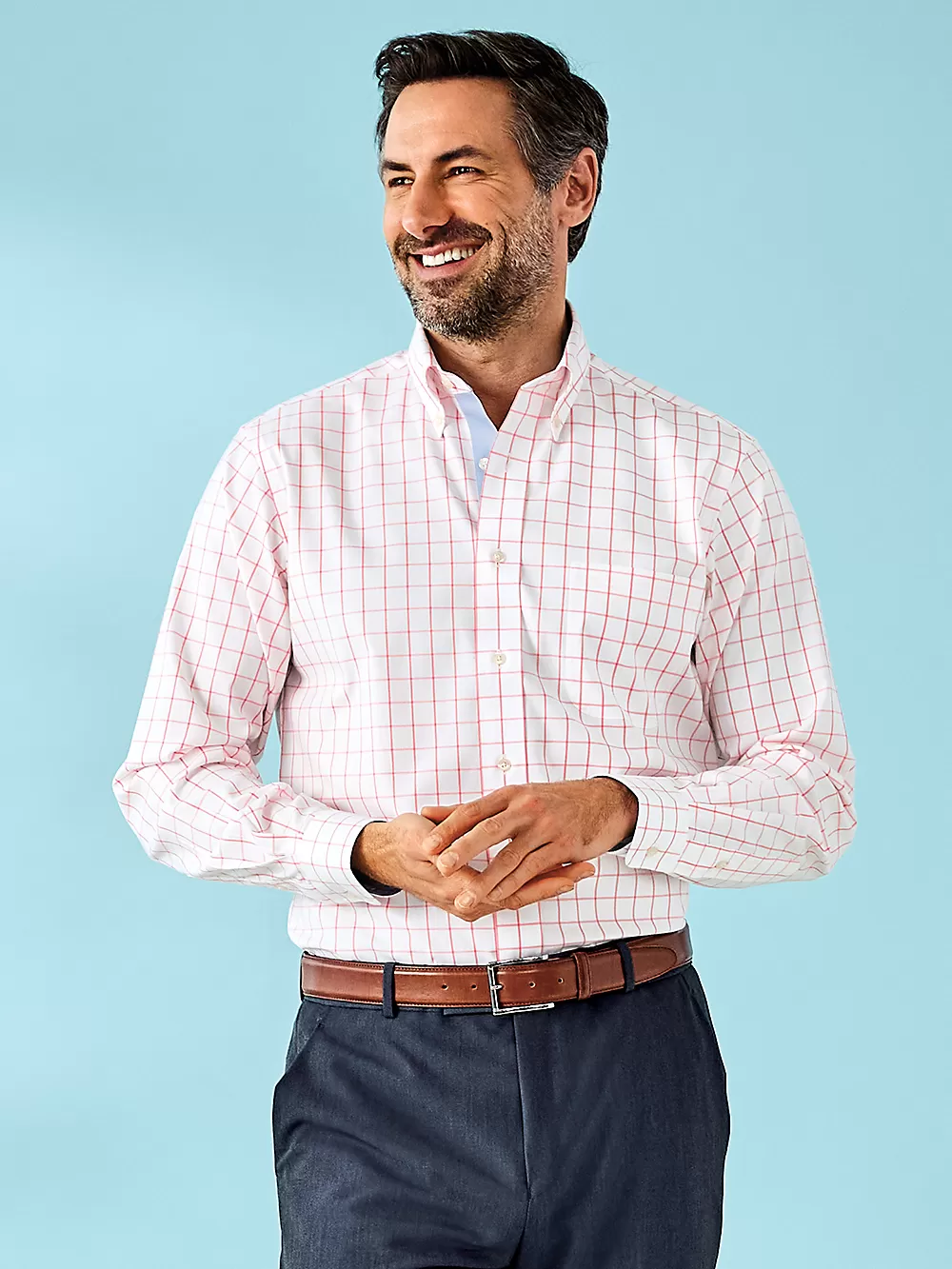 Comfort Stretch Non-Iron Check Dress Shirt With Contrast Trim - Coral