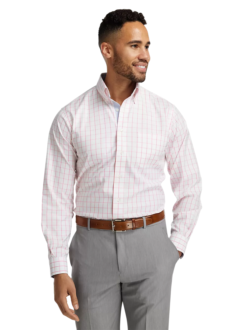 Comfort Stretch Non-Iron Check Dress Shirt With Contrast Trim - Coral