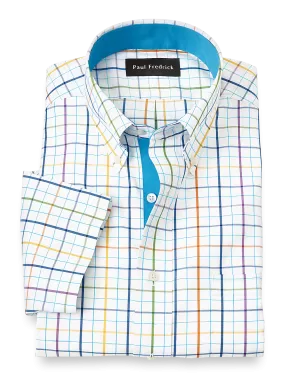 Comfort Stretch Non-Iron Tattersall Dress Shirt With Contrast Trim - Multi