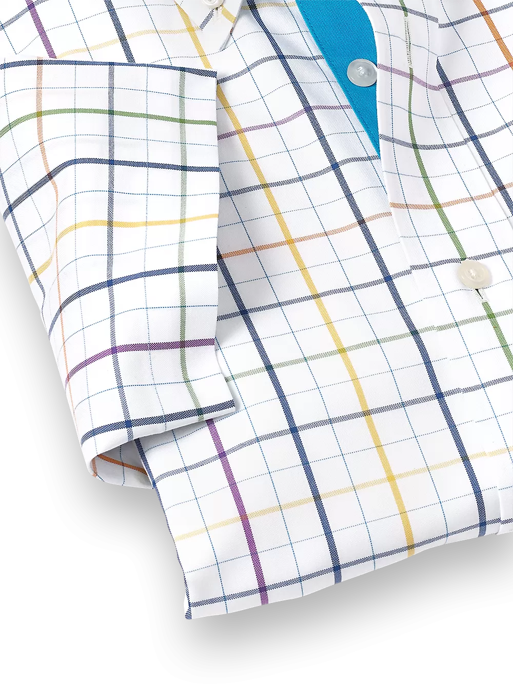 Comfort Stretch Non-Iron Tattersall Dress Shirt With Contrast Trim - Multi