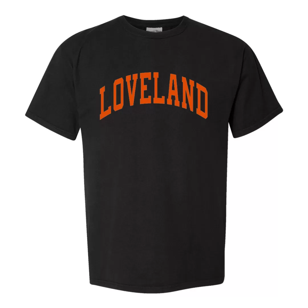 Curved Orange Loveland Comfort Wash Short Sleeve T-Shirt on Black