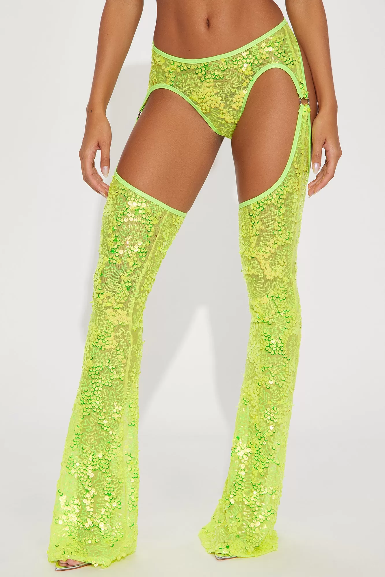 Dancing Under The Lights Sequins Bell Bottom Chaps - Neon Yellow