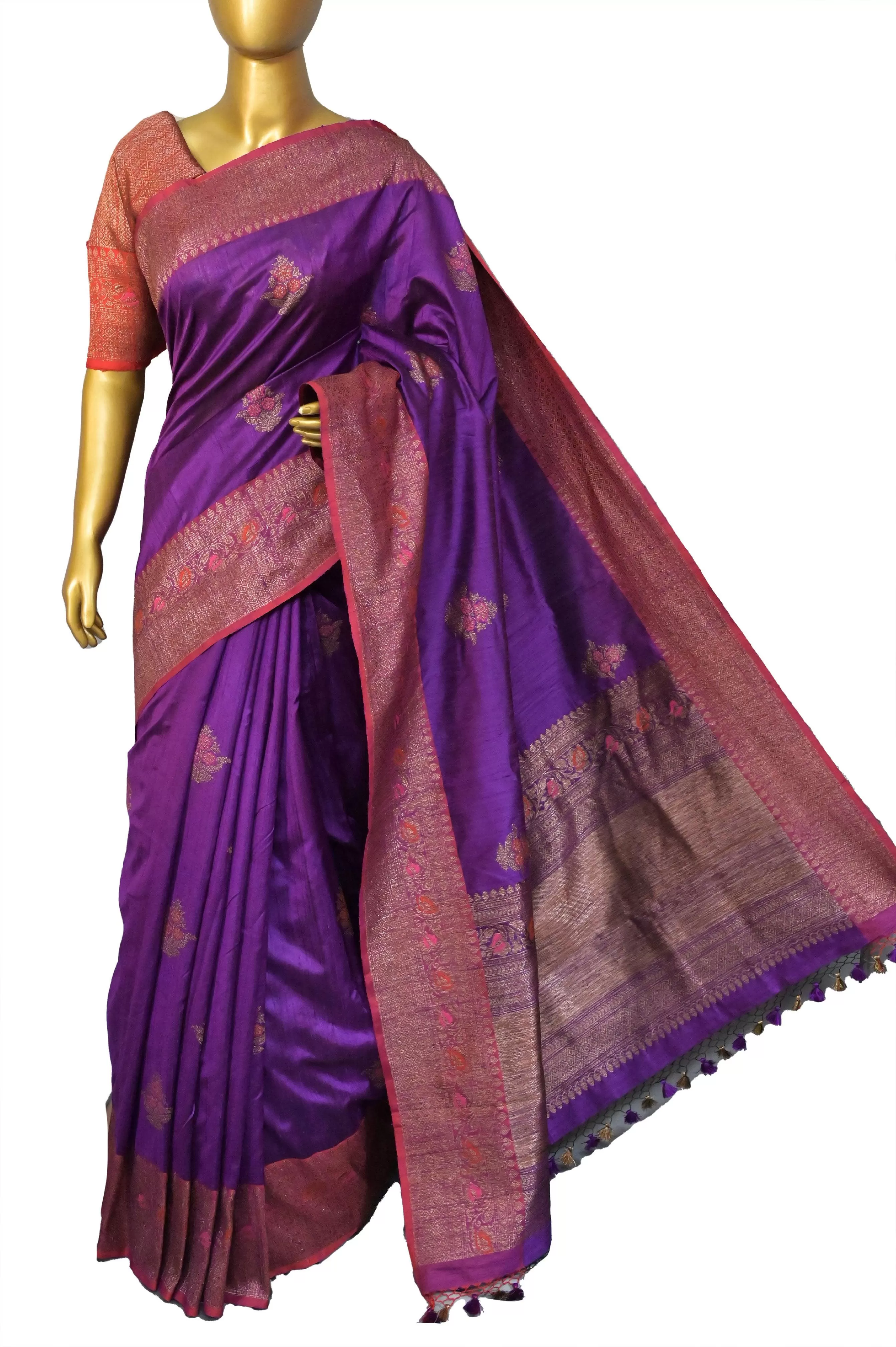 Deep Purple Color Pure Tussar Banarasi with Antique Zari Weaving and Meena Butta