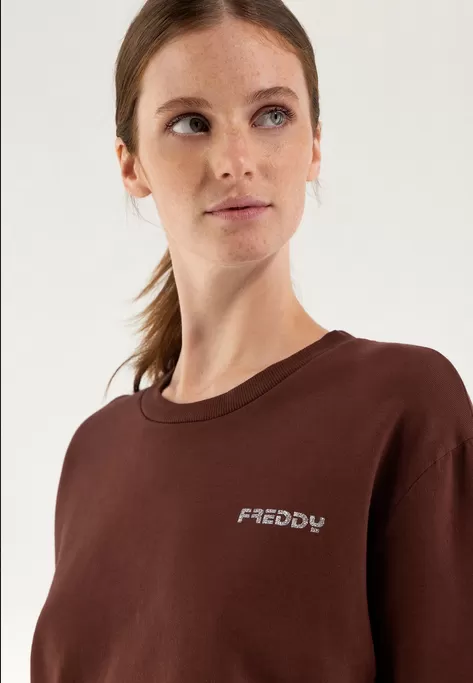 Freddy Garment-dyed comfort crewneck cropped sweatshirt JOYC024X M79X chocolate fondant