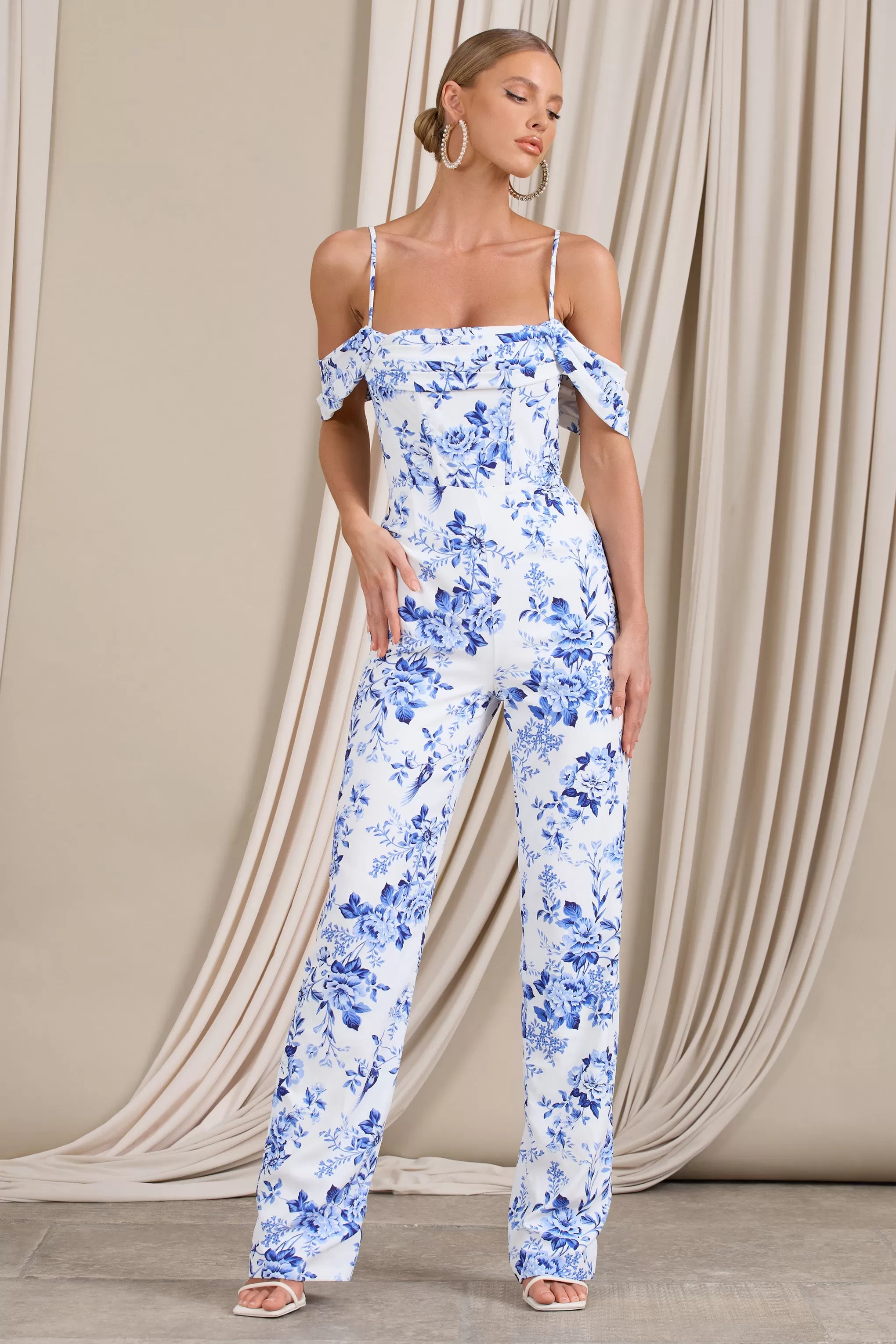 From The Vine | Blue Floral Strappy Drape-Sleeved Corset Jumpsuit