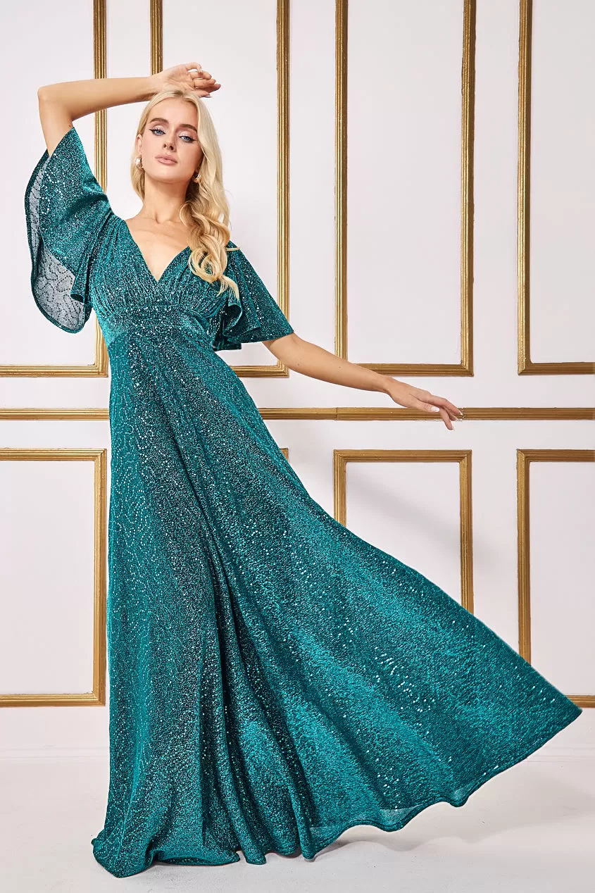 Goddiva Sequin Lurex Flutter Sleeve Maxi Dress