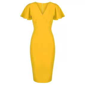 Honey Yellow Half Sleeve Deep V Neck Crossover Top Wiggle Dress