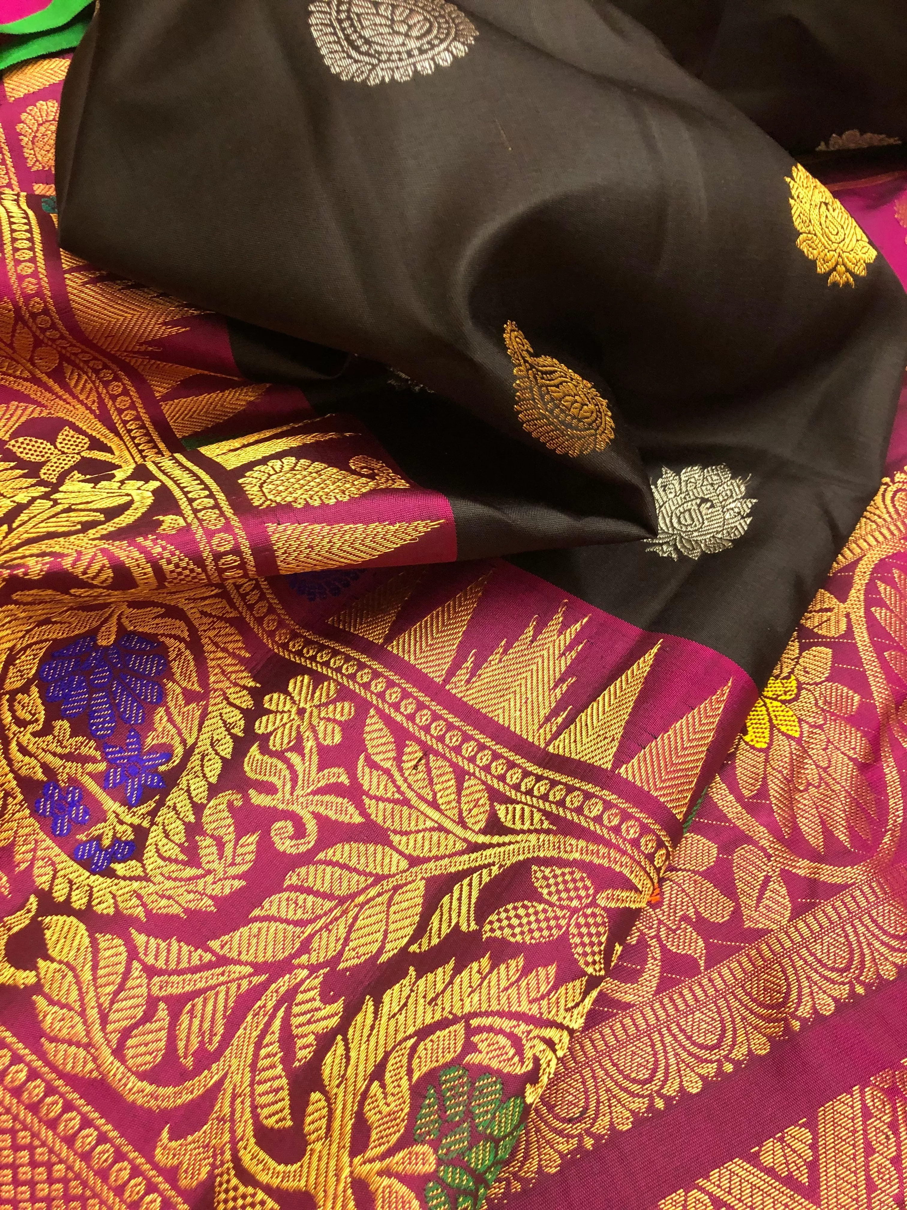 Jade Black Color Gadwal Silk Saree with Meenakari Work and Kanchi Border