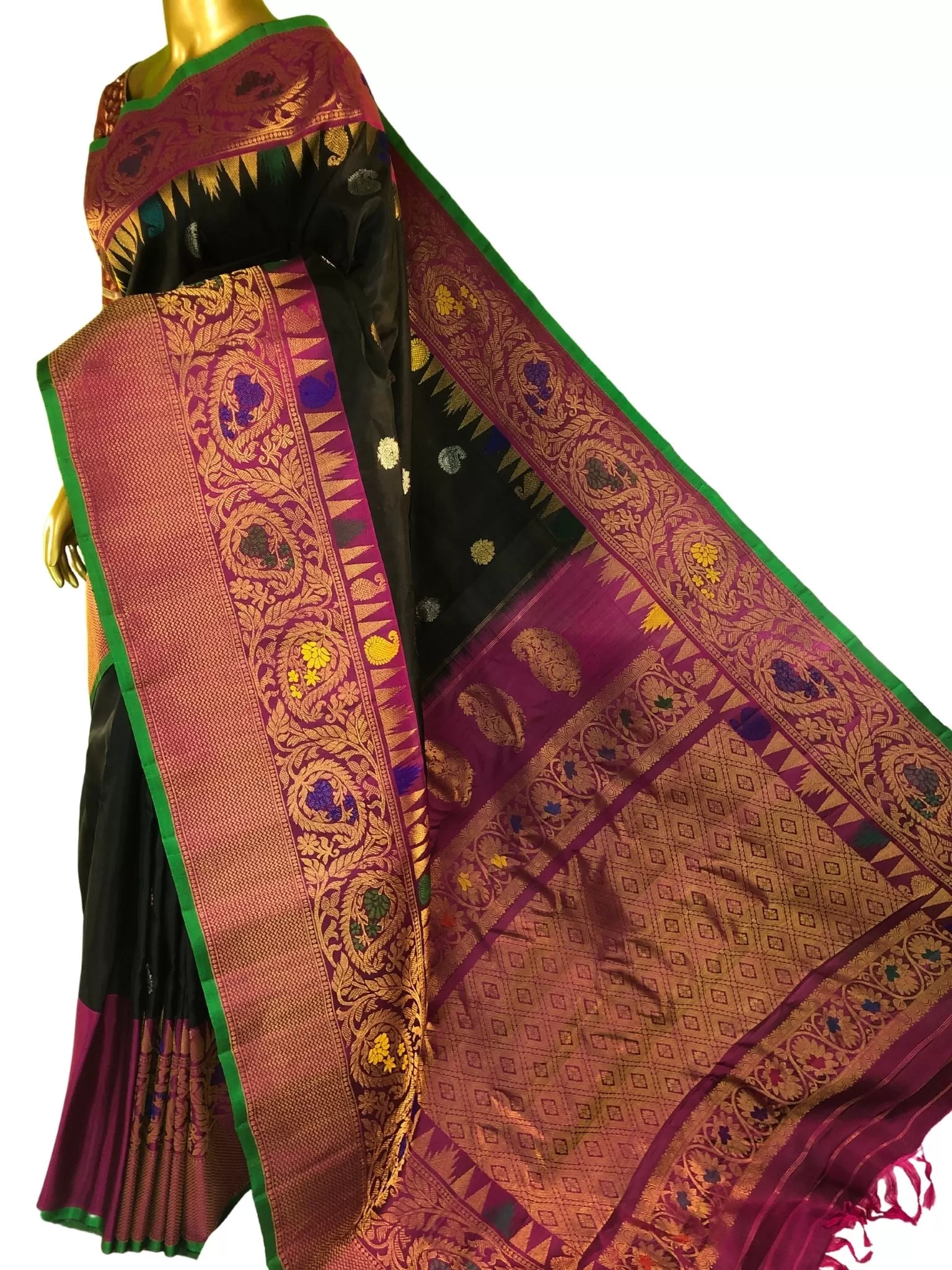 Jade Black Color Gadwal Silk Saree with Meenakari Work and Kanchi Border