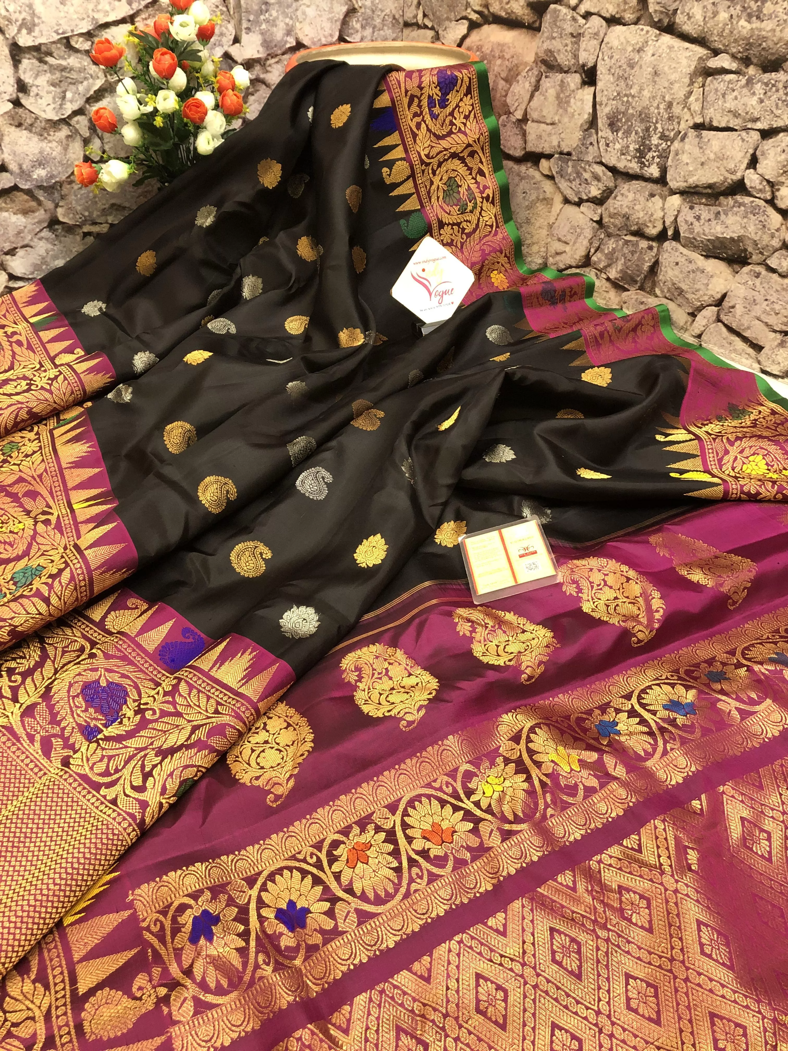 Jade Black Color Gadwal Silk Saree with Meenakari Work and Kanchi Border