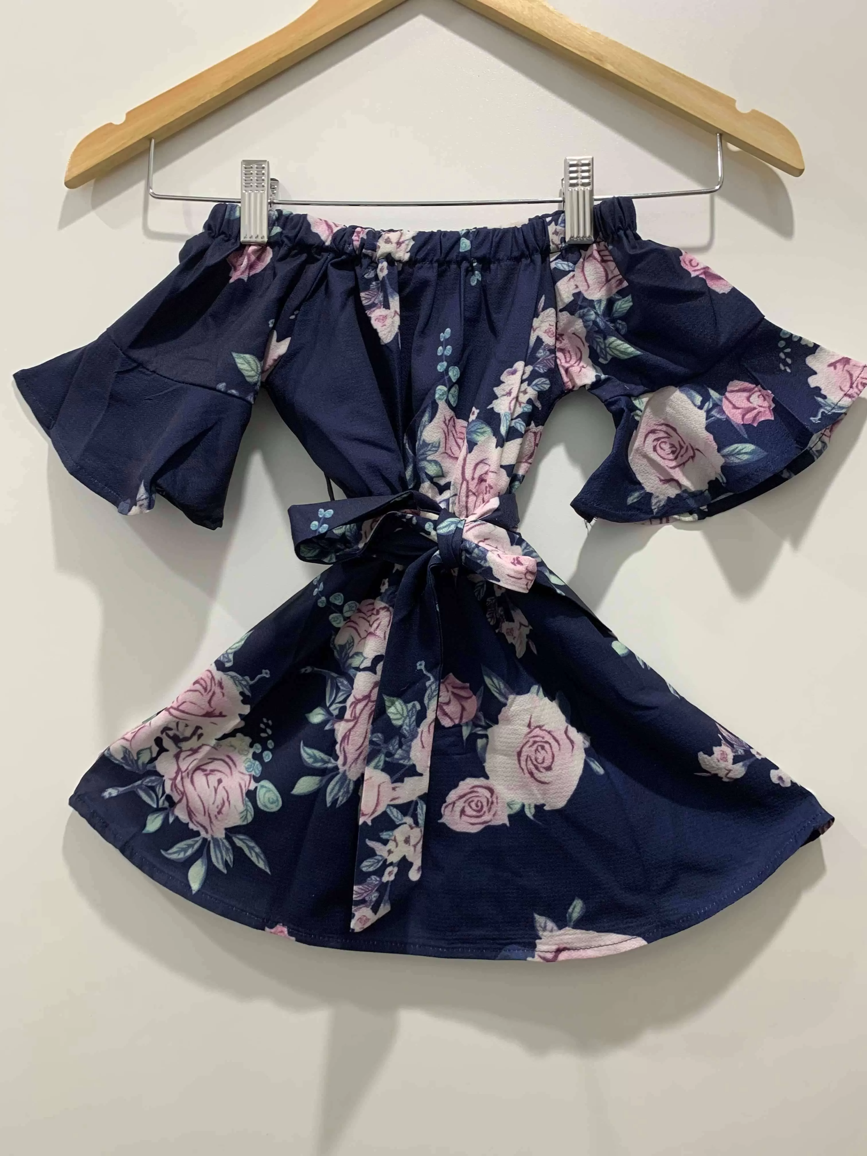 Kid's Navy Floral Off The Shoulder Dress - Matching Mummy and Me