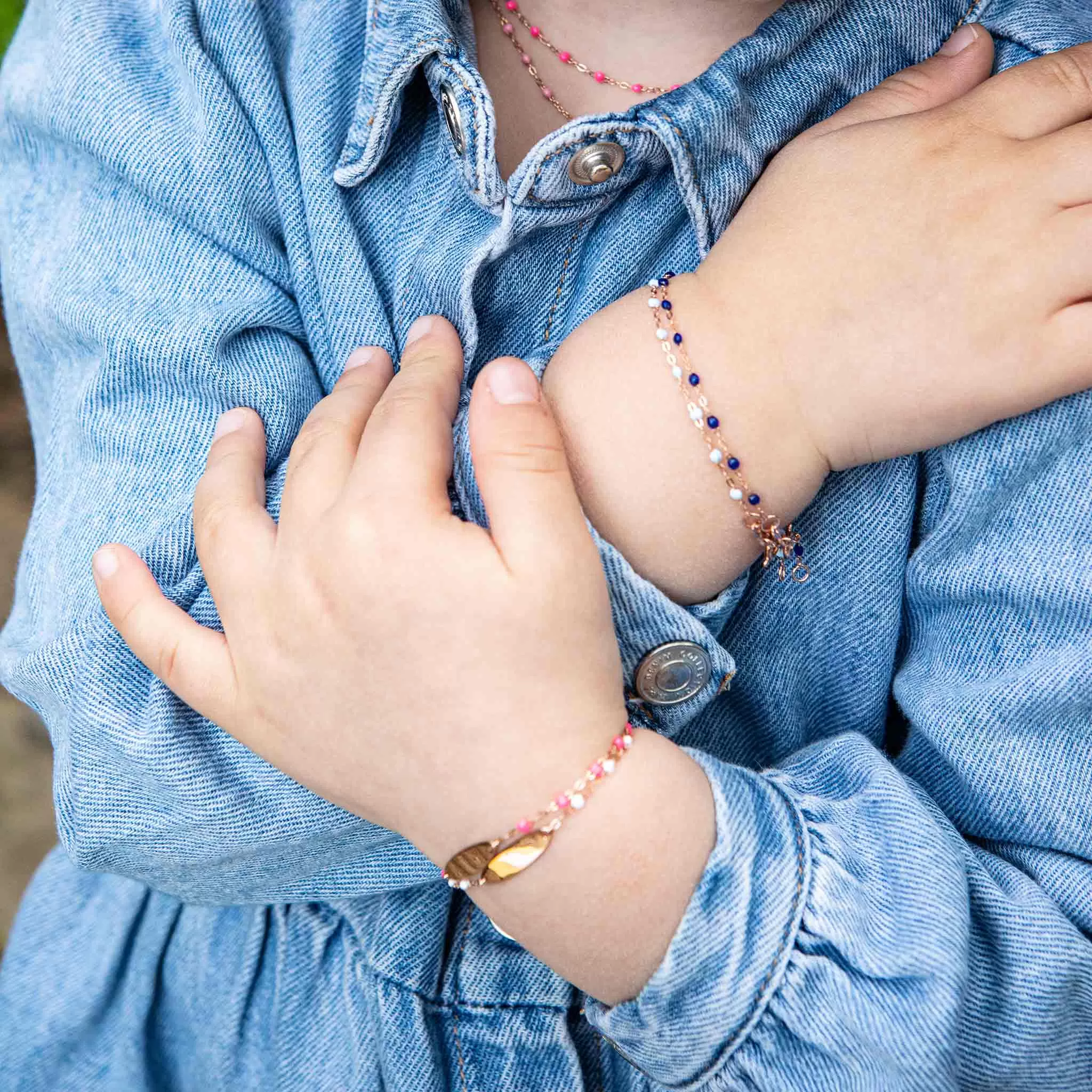 Little Gigi Pink bracelet, Oval plaque, Yellow Gold, 5.1"