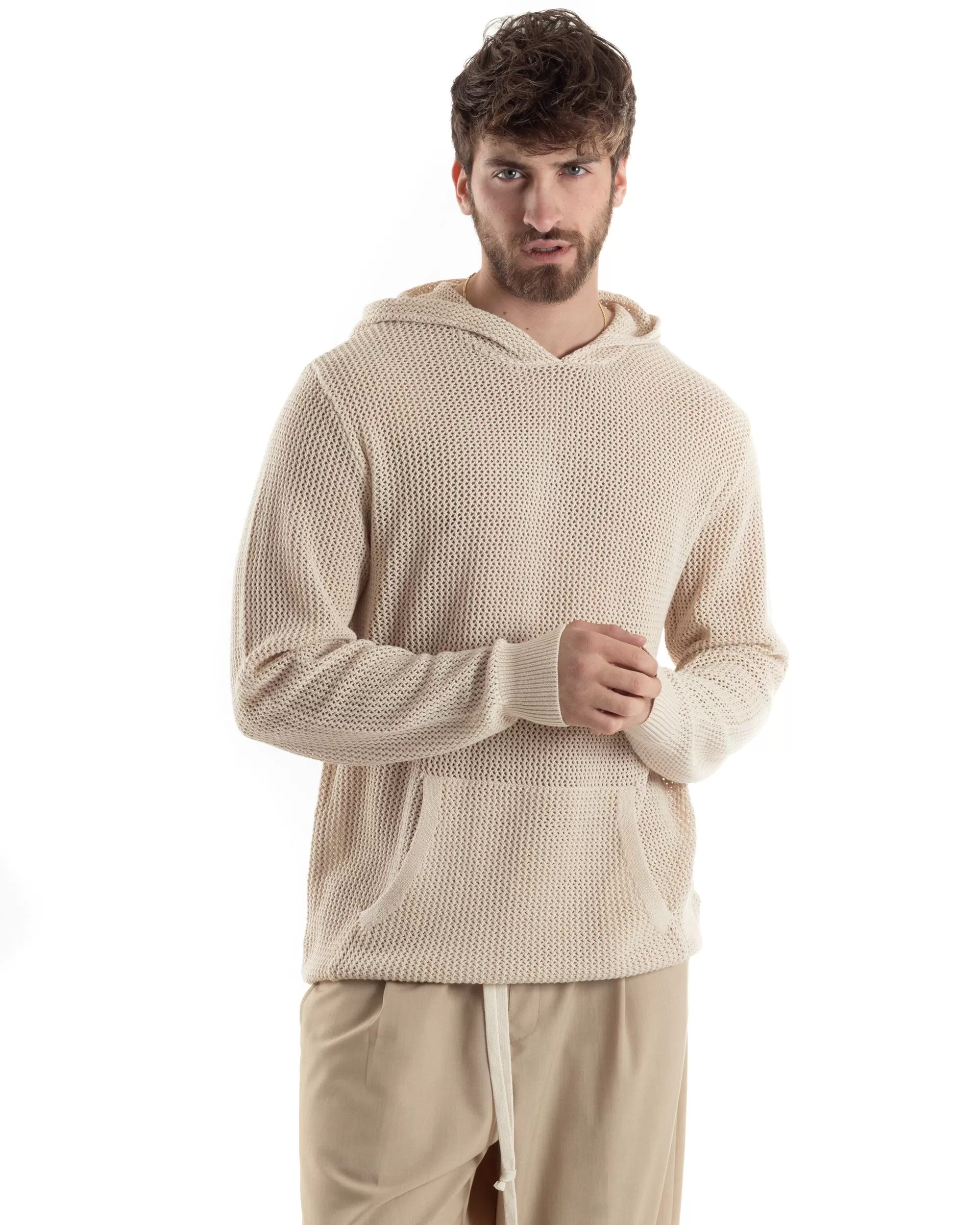 Maglioncino Uomo Traforato Con Cappuccio Maglia Bucata Tinta Unita Beige GIOSAL-M2833A