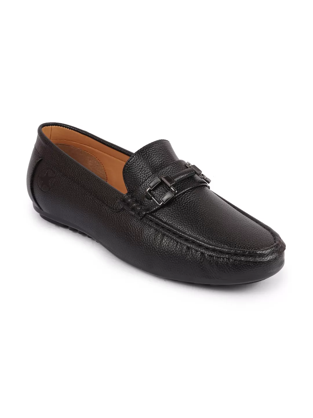 Men Black Textured Design Horsebit Buckle Casual Classic Slip On Moccasins and Loafers