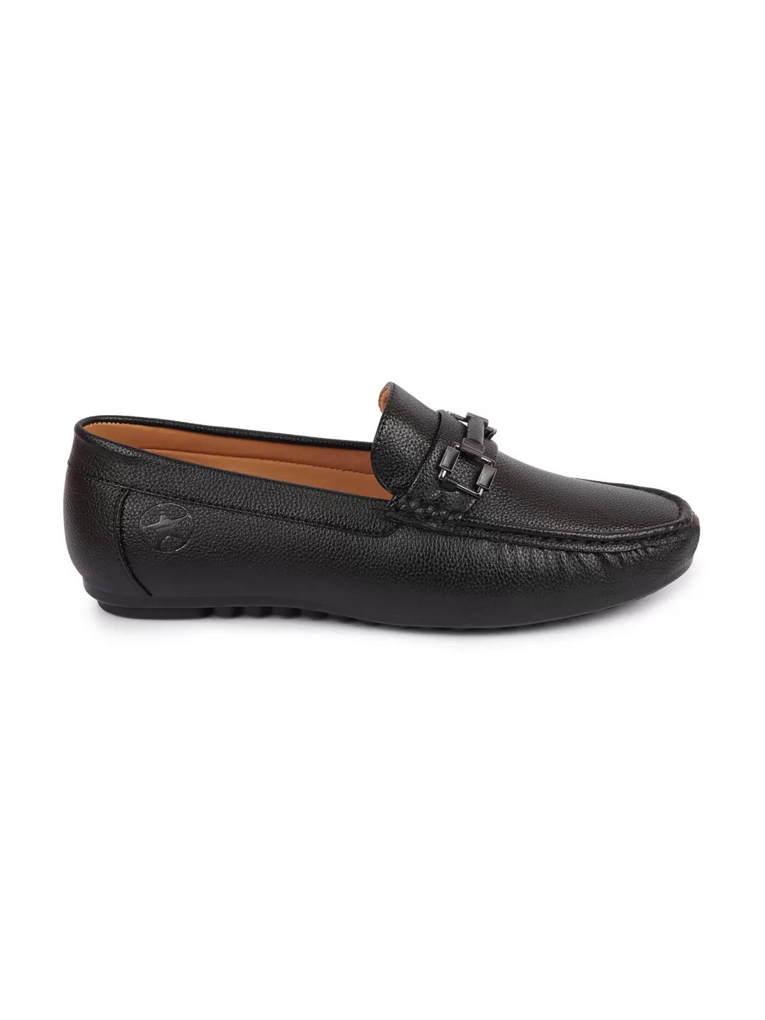 Men Black Textured Design Horsebit Buckle Casual Classic Slip On Moccasins and Loafers